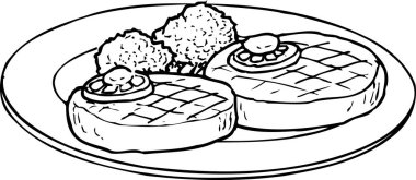 Beyaz arka planda izole edilmiş iki sığır bifteği, basit siyah beyaz çizim