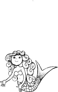 Boyama kitabı sayfası, el çizimi çizimi resimli balık kuyruklu kadın. 