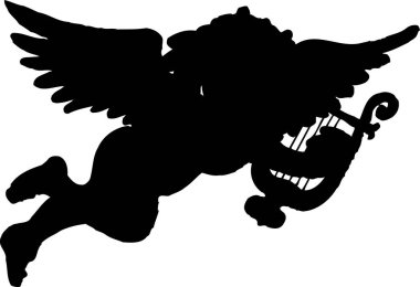 Arplı bir melek, beyaz arkaplanda izole edilmiş siyah beyaz bir illüstrasyon