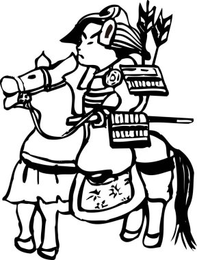 At üstünde Japon savaşçısı, beyaz arka planda izole edilmiş basit siyah beyaz çizim.