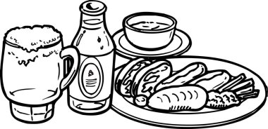 Bira, şişe, çorba ve çeşitli yiyecekler.