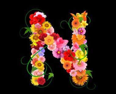 Siyah arkaplanda izole edilmiş renkli çiçeklerden N harfi, 3D görüntüleme 