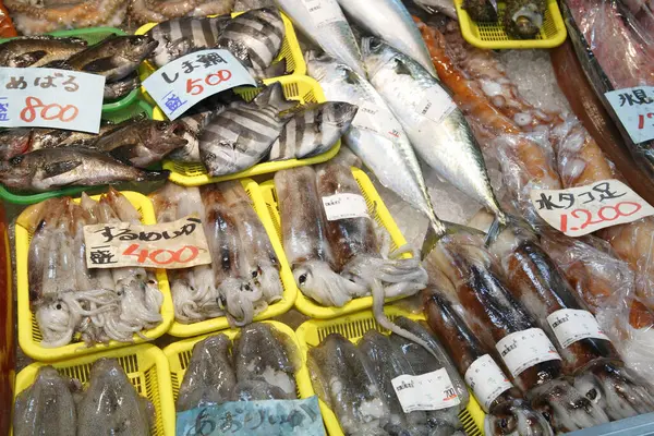 raw fish and seafood at seafood market