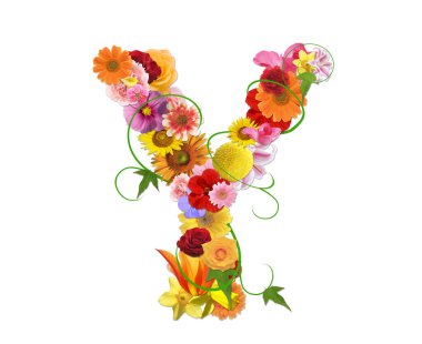 Beyaz arkaplanda izole edilmiş renkli çiçeklerden gelen Y harfi, 3D görüntüleme 