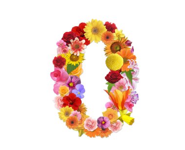 Beyaz arkaplanda izole edilmiş renkli çiçeklerden 0 numara, 3D görüntüleme 