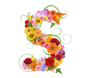 Beyaz arkaplanda izole edilmiş renkli çiçeklerden gelen S harfi, 3D görüntüleme 