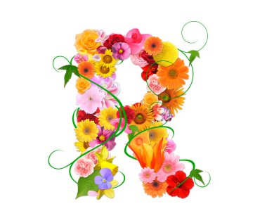 Beyaz arkaplanda izole edilmiş renkli çiçeklerden R harfi, 3D görüntüleme 