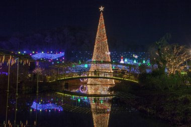 Parlak noel süslemeleriyle şehrin güzel gece manzarası      