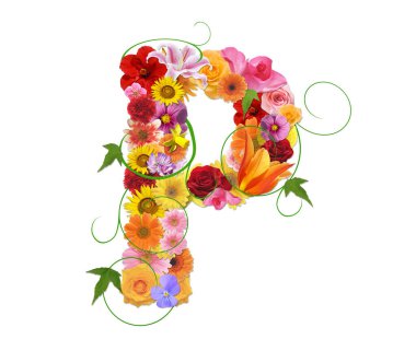 Beyaz arkaplanda izole edilmiş renkli çiçeklerden gelen P harfi, 3D görüntüleme 