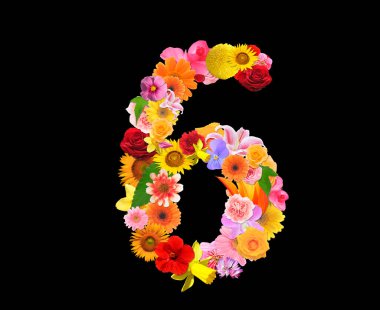 Siyah arkaplanda izole edilmiş renkli çiçeklerden gelen mektup, 3D görüntüleme 