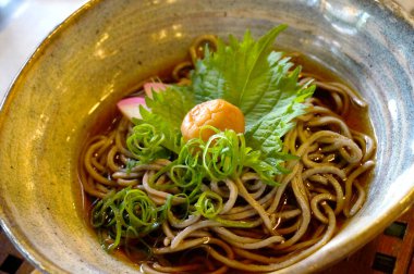 Taze otlarla süslenmiş soğuk soba erişteleri.