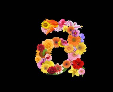 Siyah arka planda izole edilmiş renkli çiçeklerden bir mektup, 3D görüntüleme 