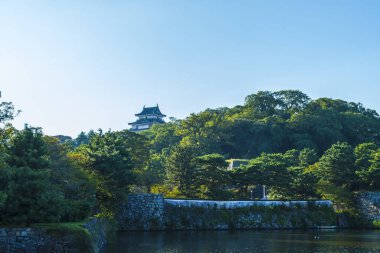 Temiz gökyüzünün altında yemyeşil ağaçların üzerinde yükselen tarihi Japon kalesi.