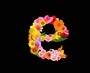 Siyah arkaplanda izole edilmiş renkli çiçeklerden gelen e harf, 3D görüntüleme 