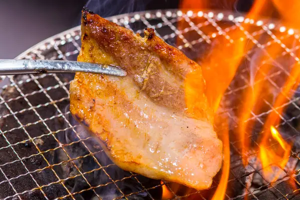 Nahaufnahme Der Schmackhaften Fleischzubereitung Auf Dem Grill — Stockfoto