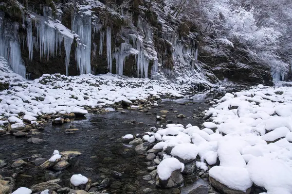 Paisagem Inverno Com Rio Congelado — Fotografia de Stock