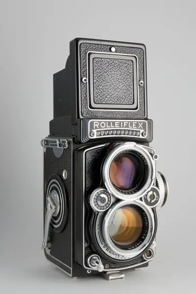 Old Twin Lens Reflex Camera Rolleiflex Grey Background — Stock Photo, Image