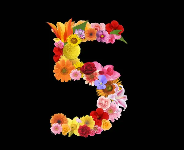 Nummer Från Färgglada Blommor Isolerad Svart Bakgrund Rendering — Stockfoto