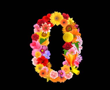 Siyah arkaplanda izole edilmiş renkli çiçeklerden 0 numara, 3D görüntüleme 