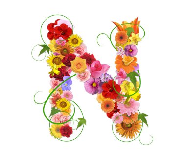 Beyaz arkaplanda izole edilmiş renkli çiçeklerden N harfi, 3D görüntüleme 