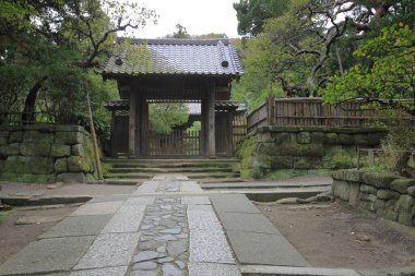 Etrafı yeşilliklerle çevrili geleneksel kapıdan geçen taş patika.