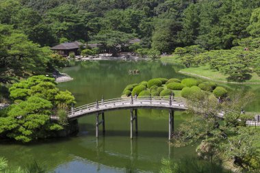 Göl üzerinde köprüsü ve yeşil bitki örtüsü olan güzel bir park manzarası.