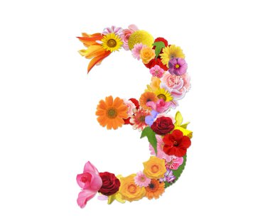 Beyaz arkaplanda izole edilmiş renkli çiçeklerden 3 numara, 3 boyutlu görüntüleme 