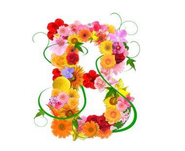 Beyaz arkaplanda izole edilmiş renkli çiçeklerden gelen B harfi, 3D görüntüleme 