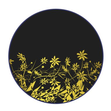 Çiçek çerçevesi, sarı çiçeklerin ve siyah çember arka plandaki dalların çizimi