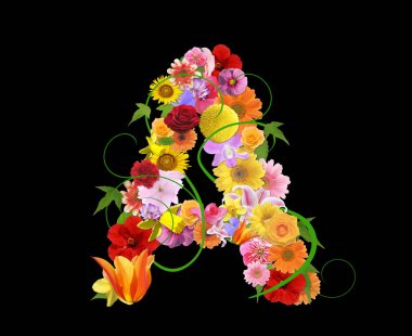Siyah arka planda izole edilmiş renkli çiçeklerden bir mektup, 3D görüntüleme 