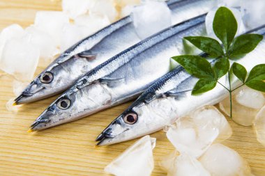 Yeşil yapraklı çiğ uskumru balığı ve ahşap zemin üzerinde buz küpleri