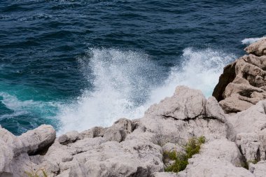 Vahşi kayalık sahil kıyısı ve deniz.