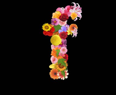 Siyah arkaplanda izole edilmiş renkli çiçeklerden gelen F harfi, 3D görüntüleme 