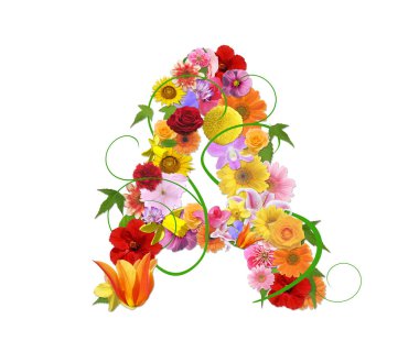 Beyaz arka planda izole edilmiş renkli çiçeklerden bir mektup, 3D görüntüleme 