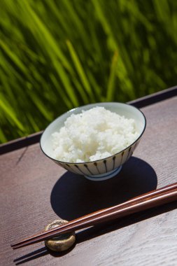 Arka planda yeşil çimenler ve yemek çubukları olan bir kasede servis edilen taze pilav. 