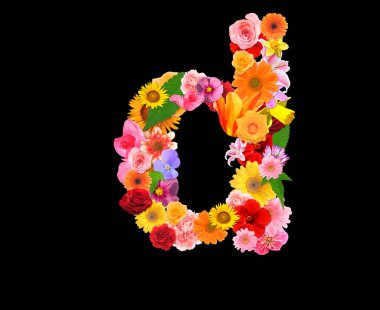 Siyah arkaplanda izole edilmiş renkli çiçeklerin D harfi, 3D görüntüleme 