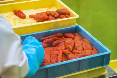 Japonya 'daki yerel markette gümüş tepsilerde taze balık filetosu yakın plan görüntüsü.