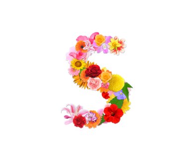 Beyaz arkaplanda izole edilmiş renkli çiçeklerden gelen S harfi, 3D görüntüleme 