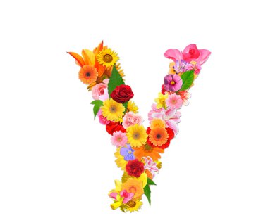 Beyaz arkaplanda izole edilmiş renkli çiçeklerden gelen Y harfi, 3D görüntüleme 