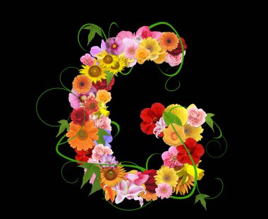 Siyah arkaplanda izole edilmiş renkli çiçeklerden gelen G harfi, 3D görüntüleme 