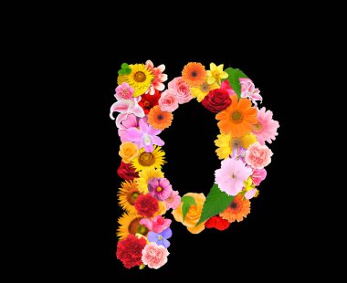 Siyah arkaplanda izole edilmiş renkli çiçeklerden gelen P harfi, 3D görüntüleme 