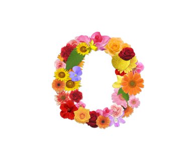 Beyaz arkaplanda izole edilmiş renkli çiçeklerden gelen o harf, 3D görüntüleme 