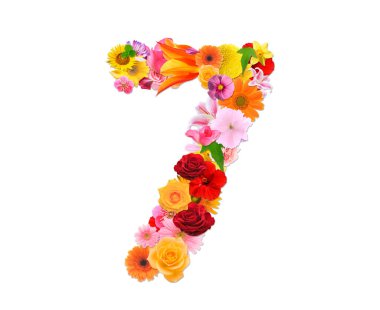 Beyaz arkaplanda izole edilmiş renkli çiçeklerden 7 numara, 3 boyutlu görüntüleme 