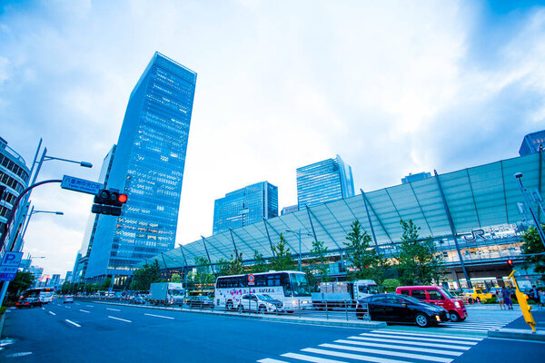 Chuo Ward, Tokyo. Yaesu Exit of Tokyo Station at dusk. Buildings integrated with the station are called Gran Tokyo