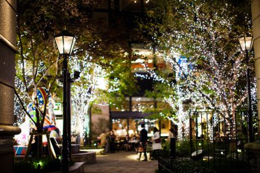 Noel ışıkları ve çelenkler ağaçlarda ve insanlar geceleri sokaklarda yürüyor.            