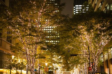 Geceleri şehrin modern binası. 