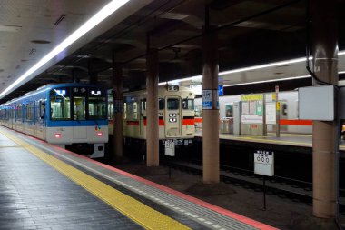 Metro istasyonunda bekleyen iki tren var.