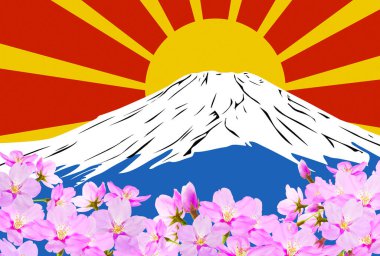 Kiraz çiçeği Sakura, dağ ve doğan güneş. renkli karikatür çizimi 