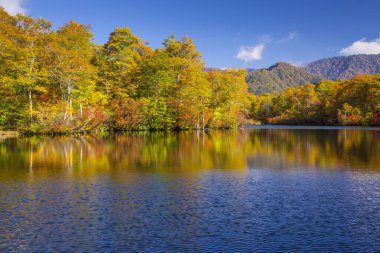 Arka planda dağ olan bir göl. 