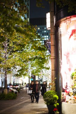 Yılbaşı ışıkları ve süslemeler gece vakti ağaçlarda       